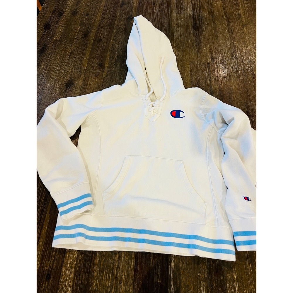 Vintage Champion Reverse Weave Hoodie White Blue Stripe  Pullover S